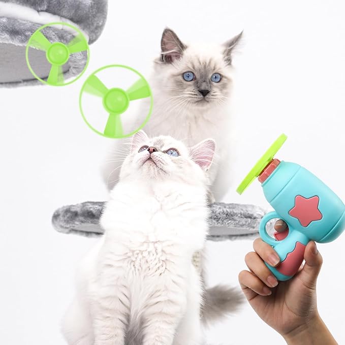 BOXOB Helicopter Cat Toy Launcher with 5pcs Flying Discs + Spinning Top Toy Helicopter Cat/Dog Fetch Toy Flying Propellers Cat Interactive Toys Cat Teaser Toy for Training, Chasing, Playing