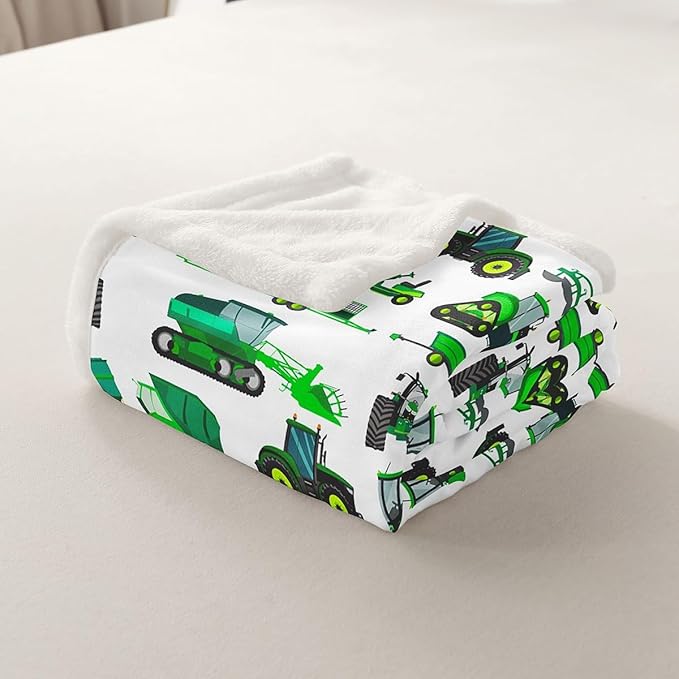 Equipment Trucks Sherpa Blanket Kids Boys Excavators Fleece Throw Blanket for Bed Sofa Couch Children Green Vehicle Plush Soft Construction Tractor Decor Fuzzy Queen 90"x90"