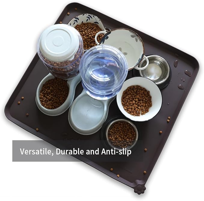 Hoki Found XX-Large Silicone Pet Food Mats Tray - Non Slip Pet Dog Cat Bowl Mats Placemat - Dog Pet Cat Feeding Mat - Waterproof Dog Cat Food Mats -Pet Water Mats for Carpet - Dark Oak