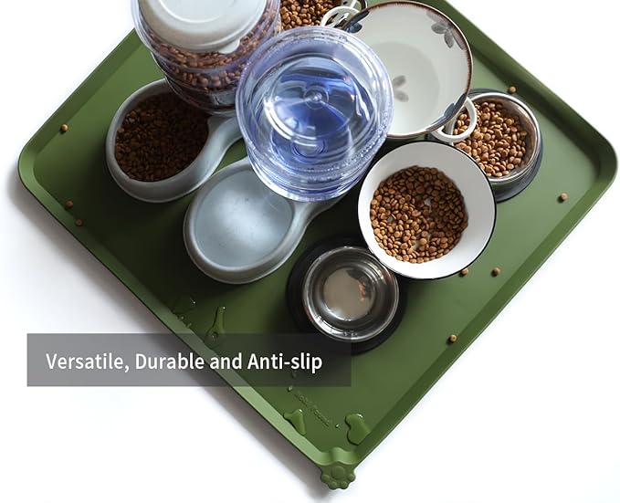 Hoki Found XX-Large Silicone Pet Feeding Mats - Non Slip Cat Dog Bowl Mats - Waterproof for Carpet - Dark Olive