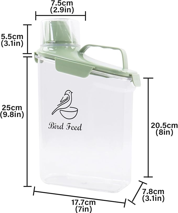 Bird Seed Storage Container,2.8L Airtight Bird Food Container with Handle and Measuring Cup,Portable Pet Food Container for Wild Bird Sunflower Seed-BPA Free Transparent/Green