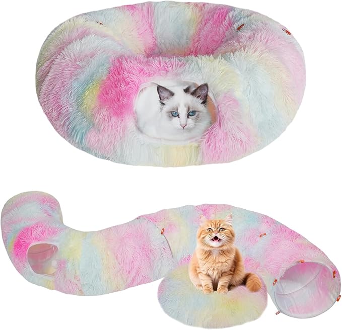 KOMUSMO Cat Tunnel Bed with Central Mat and Hanging Ball Toy, Multifunctional Large Cat Bed Cave Donut for Indoor Cats, Soft Plush Fluffy Collapsible Peekaboo Cave for Small Medium Large Cats Kittens