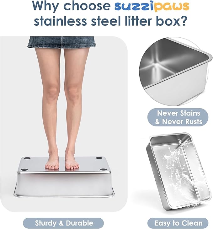 2 Pack XL Stainless Steel Litter Box Enclosure with Lid, Stainless Steel Cat Litter Pan for Big Cats, Large Metal Litter Box with Anti-Leakage High Wall, Non-Sticky Easy Cleaning Cat Litter Tray