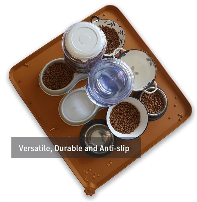 Hoki Found XX-Large Silicone Pet Food Mats Tray - Non Slip Pet Dog Cat Bowl Mats Placemat - Dog Pet Cat Feeding Mat - Waterproof Dog Cat Food Mats -Pet Water Mats for Carpet - Butterscotch