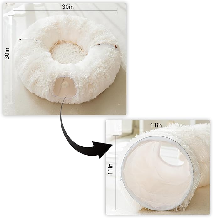 HIPIPET Winter Plush Cat Tunnel with Cat Bed for Indoor Cats,Multifunctional Cat Toys for Small Medium Large Cat.(White)