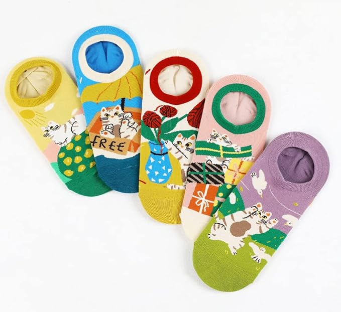 Angelteers 5 Pairs Cute Cartoon Animals Thin Cotton No Show Socks for Women Teen (US, Alpha, One Size, Regular, Regular, Cat)