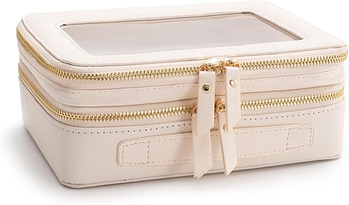 Aveniee Large Clear Makeup Bags, Double Layer Cosmetic Bags with Separate Brush Compartment, Travel Toiletry Bag Cosmetic Train Case, Travel Accessories Organizer for Women(2 Layers, White)