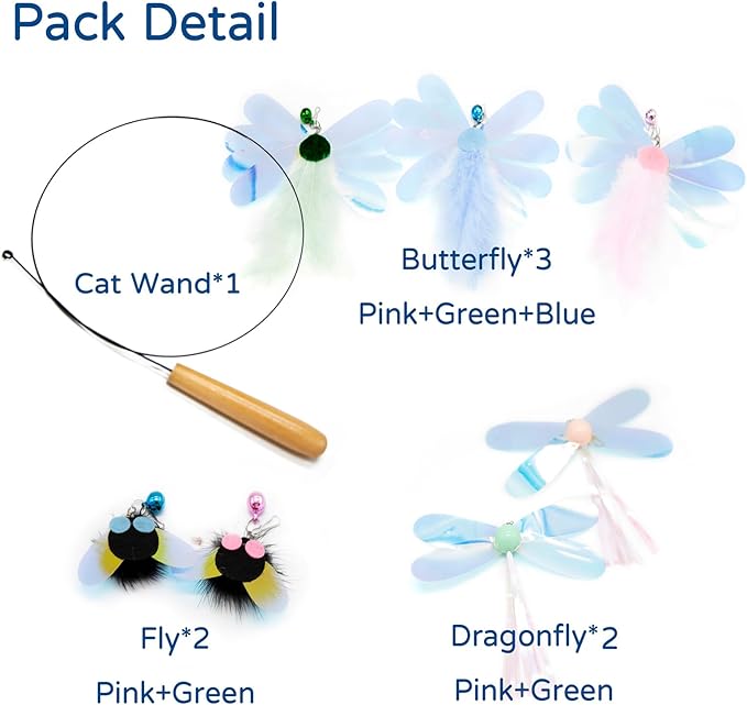 Cat Wand Toy, Shiny Insect Cat Toy, 7 PCS Replacements with Bells for Cat Fishing Pole Toy, Refills for Interactive Cat Toy Bugs, Chase and Exercise, (Insects + Cat Wand)