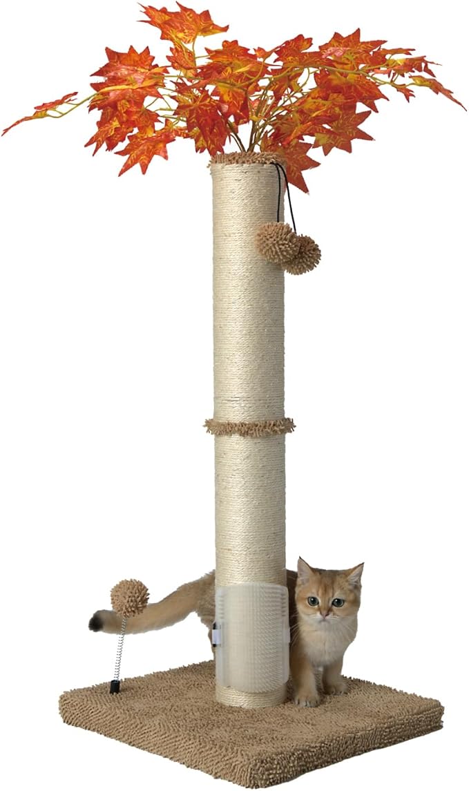 MECOOL Cat Scartching Post,35-inch Heavy Duty and Thicker Large Scartching Posts for Indoor Cats,Natural Sisal Rope and Hanging Ball Toy, Self-Grooming Brush,Beige
