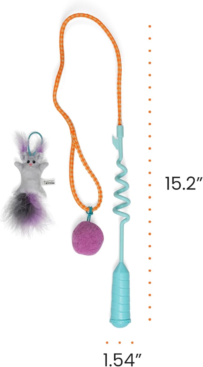 Catstages Cat-apult Spring Wand Durable and Interactive Cat Teaser Wand with Flinger Clip and Two Cat Toys, Catnip Toy and Pom Pom Ball, Blue