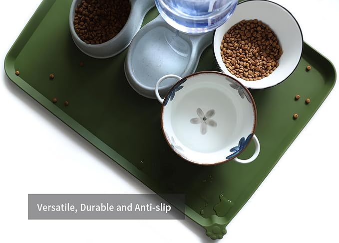 Hoki Found X-Large Silicone Pet Food Mats Tray - Non Slip Pet Dog Cat Bowl Mats Placemat - Dog Pet Cat Feeding Mat - Waterproof Dog Cat Food Mats -Pet Water Mats for Carpet -Dark Olive