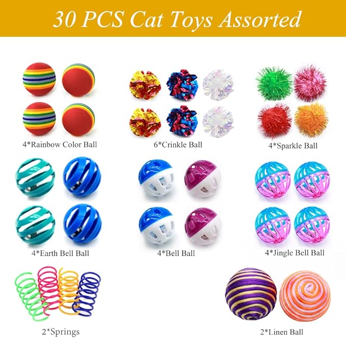 LASOCUHOO Cat Toys, Kitten Cat Ball Toys Assortments, Including Rainbow Ball, Crinkle Ball, Sparkle Ball, Bell Balls, Sisal Ball for All Cats 30 Packs