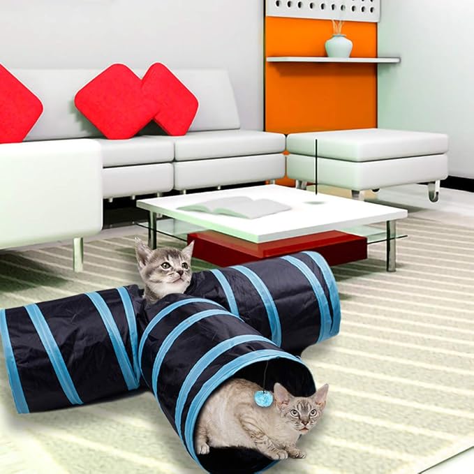 Cat Tunnel, Andiker Cat Tunnel Pet Tube Collapsible Play Toy Indoor Outdoor Toys for Puzzle Exercising Hiding Training and Running with Fun Ball and 2 Holes (Blue)