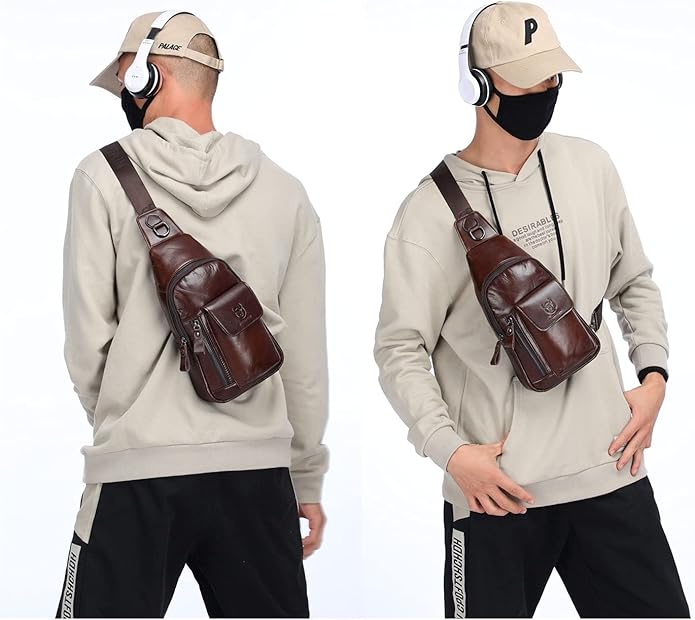 BULLCAPTAIN Mens Genuine Leather Sling Crossbody Bag Travel Casual Multi-pocket Chest Bag Hiking Backpacks