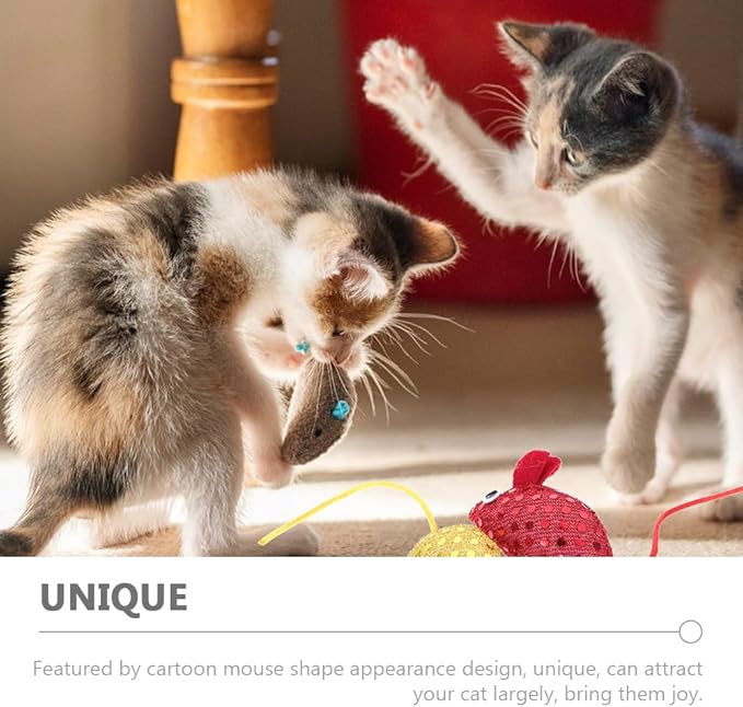 LOGOFUN 6pcs Cat Mouse Toys Plush Mouse Kitten Toys with Sequin Glitter Mouse Shaped Cat Catnip Toys for Indoor Cats Kitten Pet Supplies - Red & Yellow