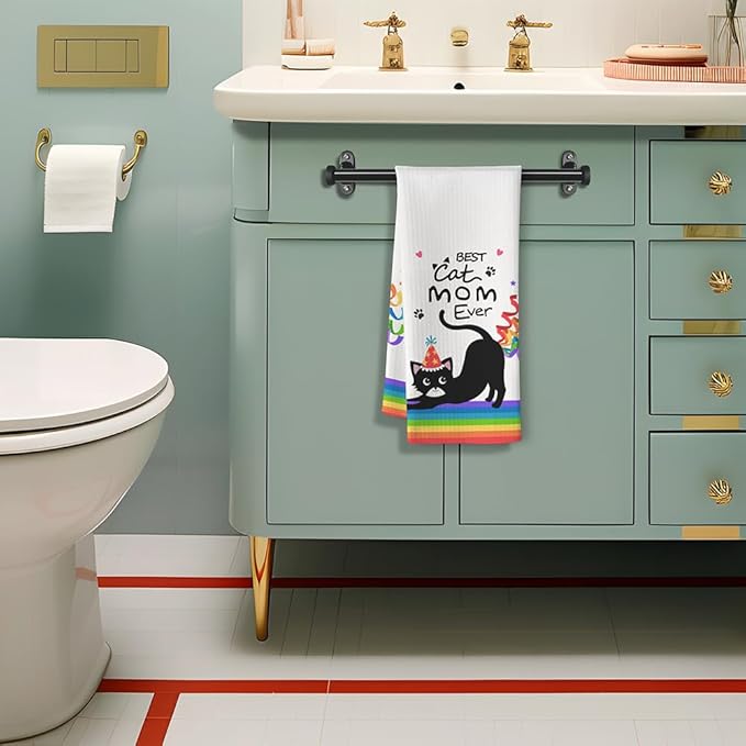 Birthday Gift for Cat Moms-Cute Kitchen Towel with Party Hat Kitty & Confetti Design,Quick-Drying Decorative Hand Towel for Kitchen & Bathroom Decor,Funny Feline Lover Accessories for Crazy Cat Ladies