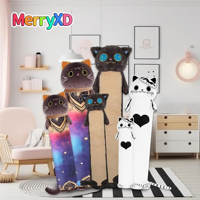 MerryXD Long Cat Plush Kawaii Body Pillow, 20” Cute Black Cat Stuffed Animals Soft Plushies, Big Eyes Kitten Plush Toys Throw Pillow Doll Gift for Girlfriend,Birthday,Christmas,Halloween