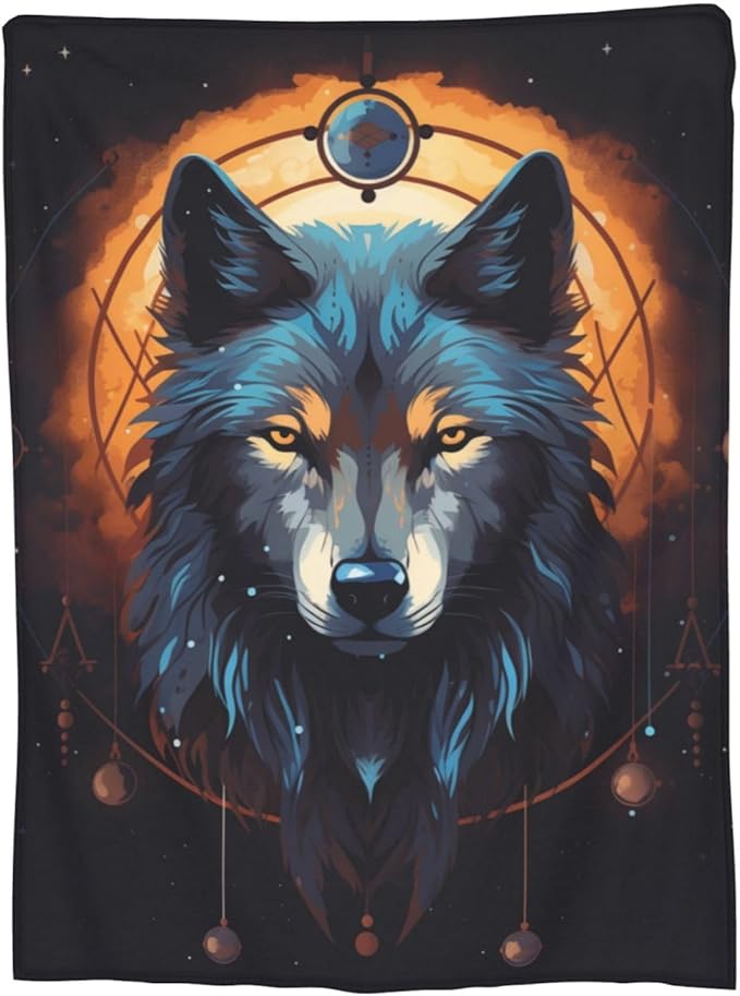 Catroon Wolf Dream Catcher Blanket Gifts Moon Wolves Flannel Throw Blankets for Home Decor Couch Bed Sofa Soft Fuzzy Lightweight for All Season 60x50 Inches
