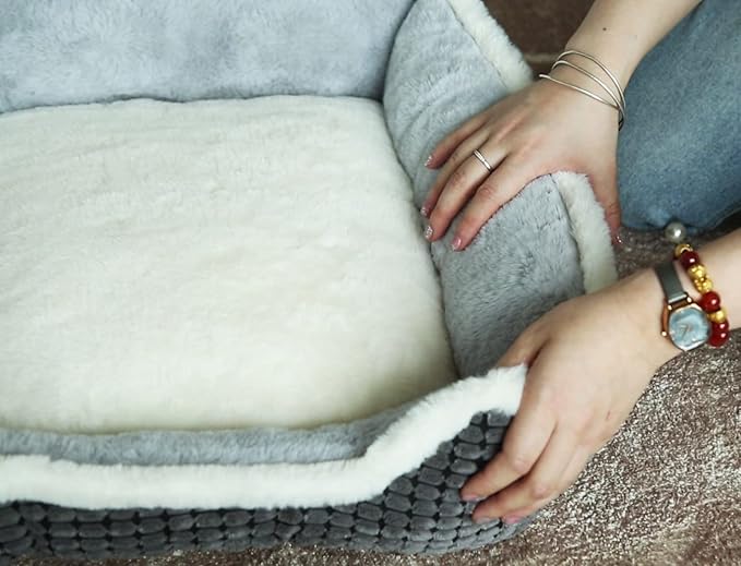 Dog Beds for Two Small Dogs, Double Cat Beds for Indoor Cats, Super Soft Washable Cat Bed with Anti-Slip & Water-Resistant Bottom, Luxury Durable Kitten Bed Puppy Bed, Rectangle Grey Animal Pet Beds