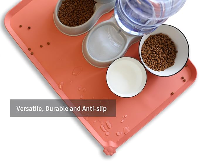 Hoki Found X-Large Silicone Pet Food Mats Tray - Non Slip Pet Dog Cat Bowl Mats Placemat - Dog Pet Cat Feeding Mat - Waterproof Dog Cat Food Mats -Pet Water Mats for Carpet - Burnt Coral