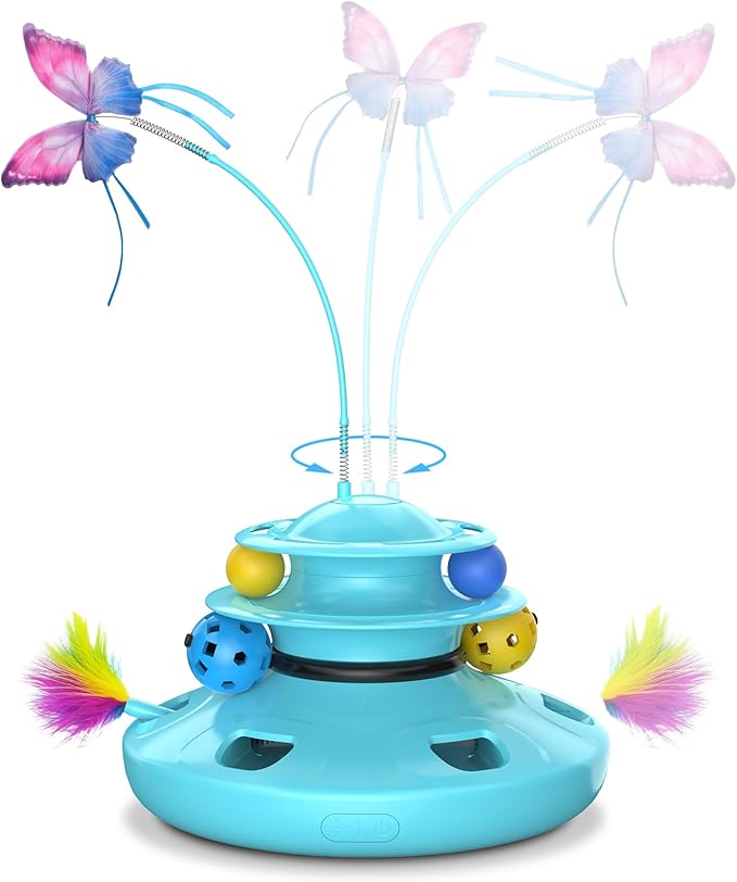 Cat Toys, 4-in-1 cat interactive toy for indoor Rechargeable Automatic with Fluttering Butterfly Random Moving Ambush Feather 2-Tier Track Balls for Bored Indoor Adult Cats Kittens All Breeds