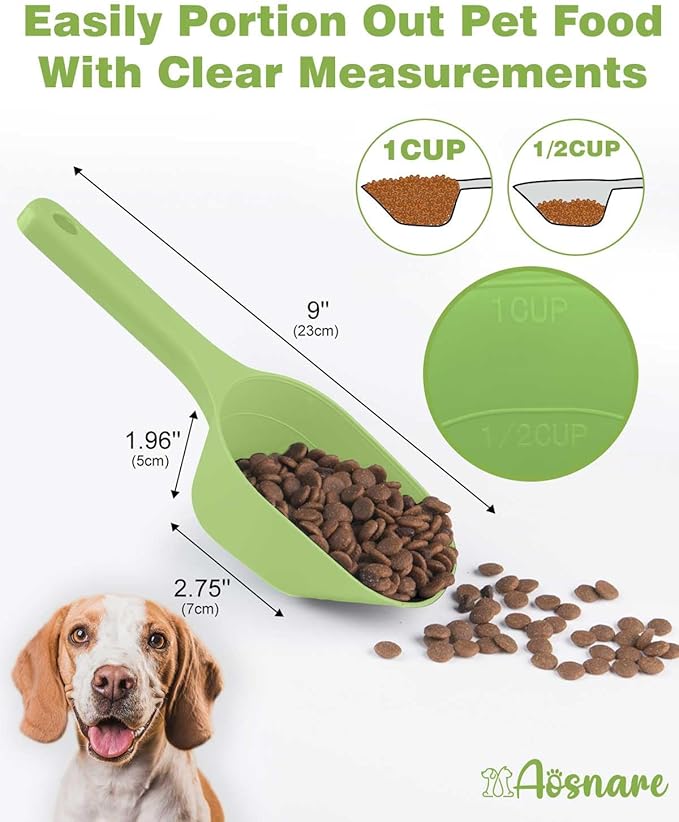 3PCS Dog Food Scoop, 1 Cup Plastic Pet Food Scoop with Measuring Lines 1/2 Cup and 1 Cup for Dogs, Cats, Birds and Rabbits(2 Grey and 1 Green)