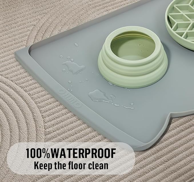 OHMO Dog Food Mat(Dark Grey, 24 * 15'') w/Residue Collection Pocket Silicone Pet Feeding Mat for Floor High Edges Anti Spills Waterproof Cat Water Bowl Tray, Easy Clean Placemat