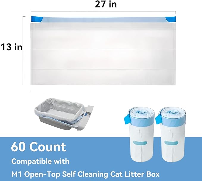 60 Count Heavy Duty Cat Litter Box Bags - Compatible with Neakasa M1 and PetPivot & Mimfam & teweoa Open-Top Self-Cleaning Litter Box,Leak-Proof Drawstring Trash Bags,27" x 13"