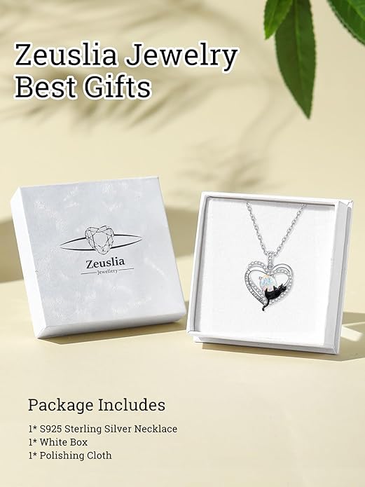 Birthstone Cat Necklaces,925 Sterling Silver Cat Necklace Heart Pendant for Women,Dainty Animal Jewelry for Her,Wedding Anniversary Birthday Gifts for Women Mom Grandma