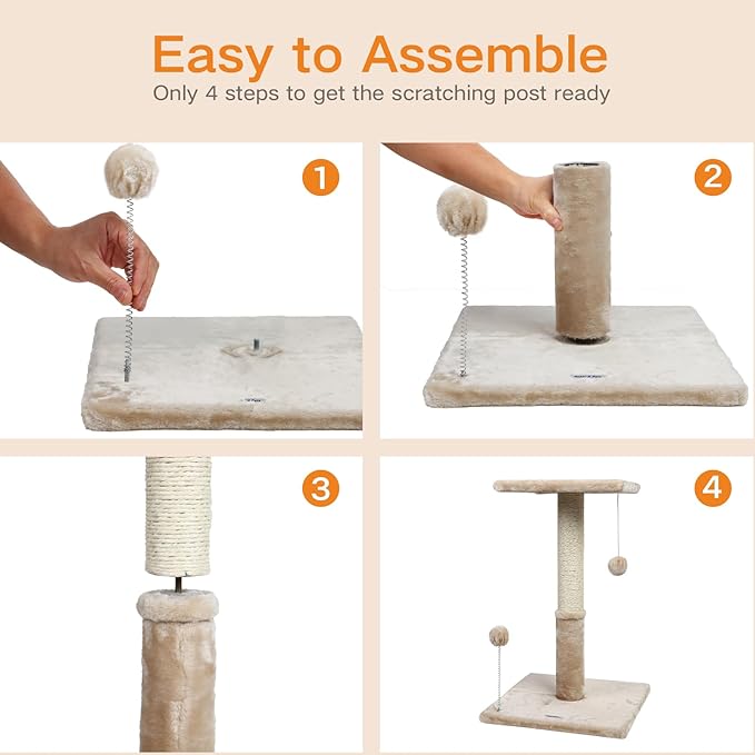 Happi N Pets 26" Cat Scratching Post with Perch, Natural Sisal Scratchers Trees for Indoor Cats, Featuring with Hanging Balls & Cozy Cat Bed, Stable Cat Scratch Posts for Kittens-Beige