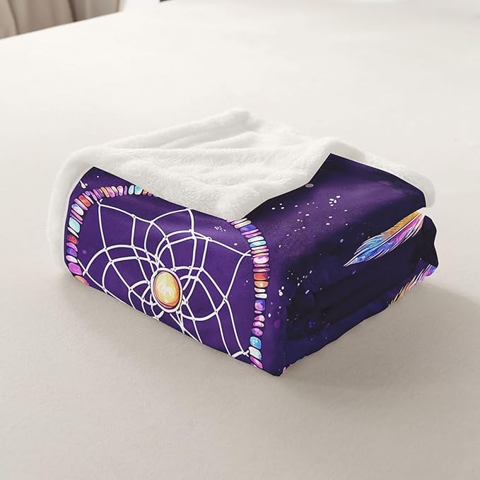 Luxury Dreamcatcher Plush Blanket Boho Dream Catcher Decor Sherpa Blanket Colorful Feather Fleece Throw Blanket for Sofa Couch Bed Room Decor Native American Purple Fuzzy Blanket Throw 50x60 Inch