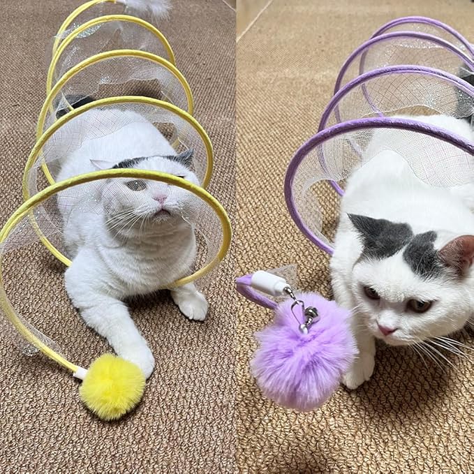 Cat Spiral Tunnel Toy Collapsible, Self Play Toy for Indoor Cats, S Type Tunnel with Feather Toys, Interactive Cat Springs Toys, Puppy, Kitty, Kitten, Rabbit (Yellow)