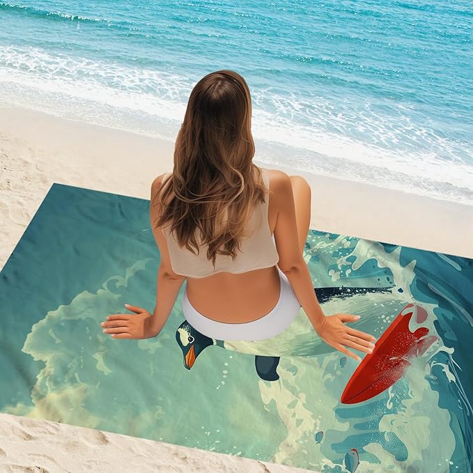 WZOMT Microfiber Penguin Beach Towel Oversized, Cute Penguin Surfing Ocean Animal Blue Bath Towels for Adults Kids, Soft Quick Dry Absorbent Sandproof Travel Swim Pool Towels 32x52 Inch