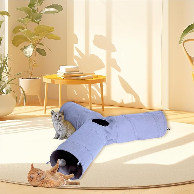 Cat Tunnel, 3 Way Collapsible Cat Play Tube Toys with Plush Ball, Indoor Cat Play Tunnel for Cat, Puppy, Kitty, Kitten, Rabbit (3 Way Shape)