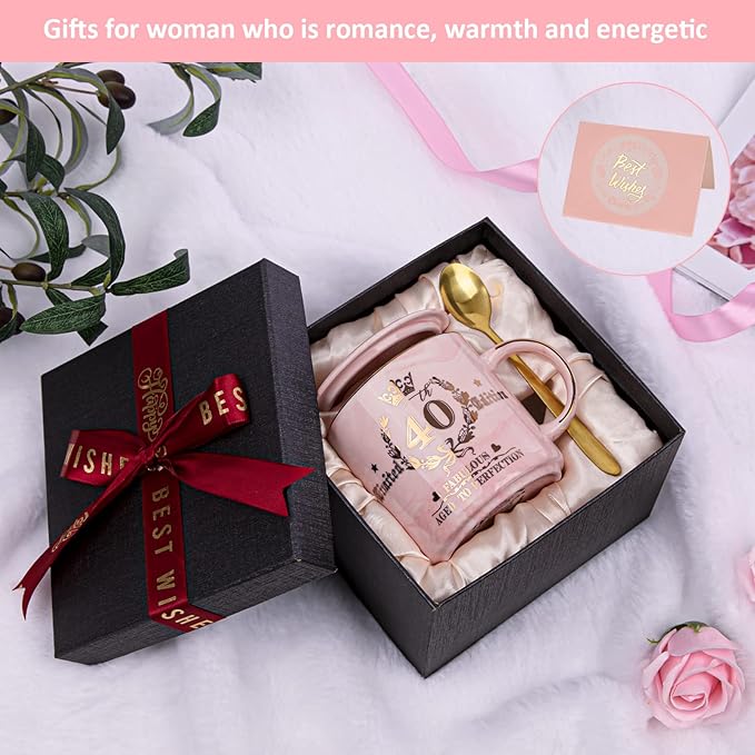 40th Birthday Gifts Women, Unique 40 Year Old Birthday Gifts Idea, Fabulous 40th Limited Edition, 1984 Birthday Gifts for Her Mom Wife Female Friend, 14oz Golden Pattern Mug, Lid, Spoon, Bow Gift Box