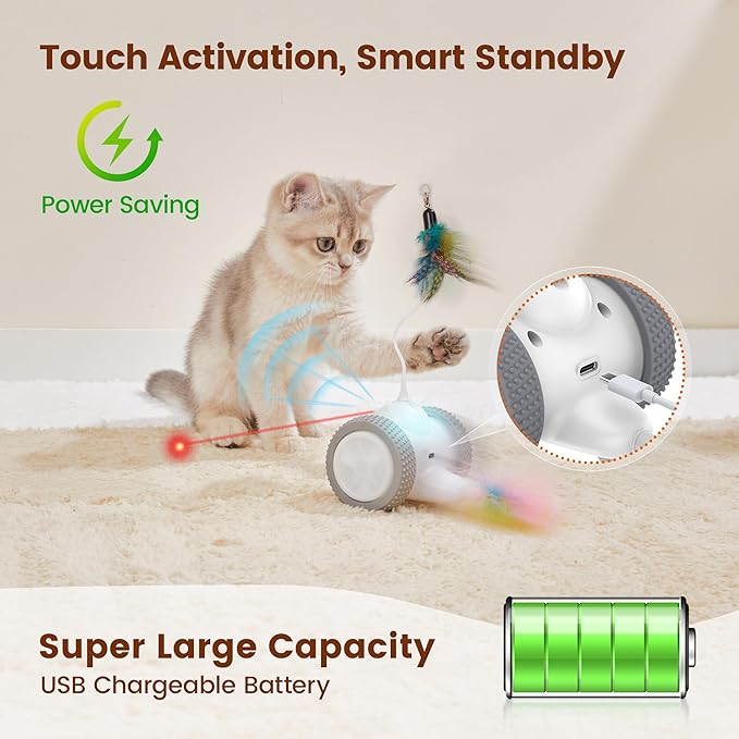Potaroma Cat Laser Toys Interactive 3in1, Rechargeable, Automatic Moving Wheels, 2 Feathers, Indoor Kitten Exercise Kicker Toys, Assorted Colors Feathers for All Breeds