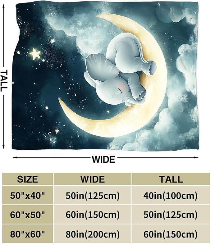 Elephant Throw Blanket - Ultra Soft Cozy Cute Moon Design - Fleece Fuzzy Plush Decor Gifts for Women Girls Adults - Couch Sofa 50"x40"