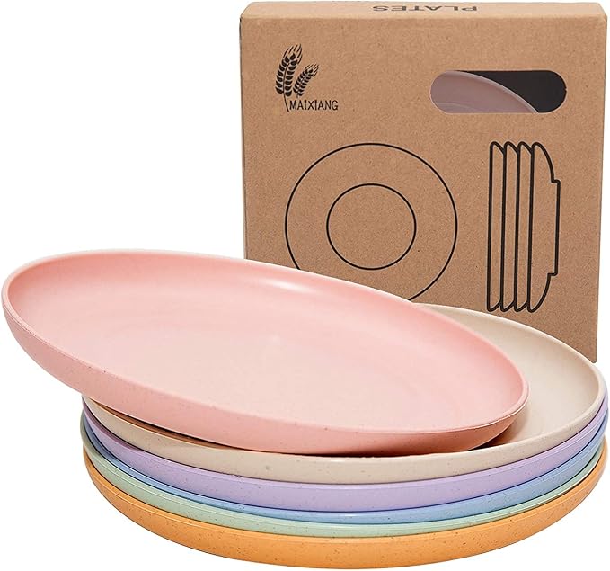 6 PACK 6 Inches wheat straw plates, Unbreakable Deep Dinner Plates, Plastic Plates Reusable, Assorted Colors Dinnerware Sets, Microwave & Dishwasher Safe, Healthy for Kids & Adult
