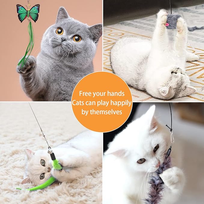 Interactive Cat Feather Toys, Retractable Cat Feather Toy with 9 PCS Replacement, Hanging Cat Teaser Toy for Indoor Cats Kitten Kitty, Cat Toys Cat Wand for Cat Play Exercise