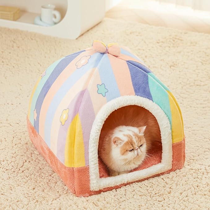 Jiupety Cat Beds for Indoor Cats, Cute Cat House for Cats and Puppy, Cat Cave Bed with Removable Cushion, Large Cat Bed Cat Hideaway Cat Tent, 2-in-1 Pink Cat Bed, M(17" × 17" × 17"), Rainbow.