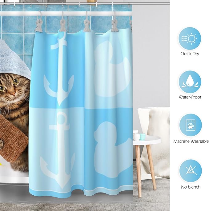 Aimego Stall Small Shower Curtain - Funny Bathing Cat Cute Kitten Taking Shower with Rubber Ducks Fun Narrow Half Fabric Cloth Bath Shower Curtain Set for Kids Bathroom Decor Accessories, 36"x72"