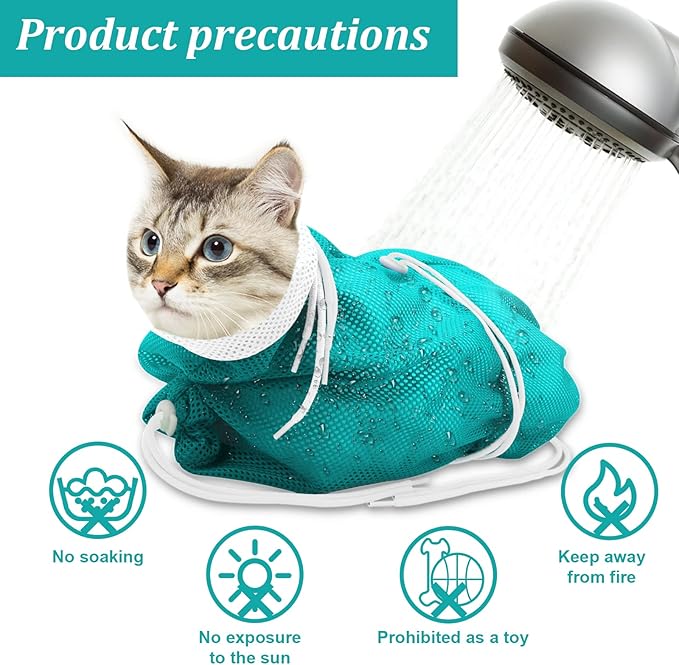 Cat Bathing Bag, Breathable Mesh Cat Shower Bag Anti Scratch Adjustable Cat Grooming Bag for Nail Trimming, Bathing Polyester Soft Cat Washing Bag (White-Green)