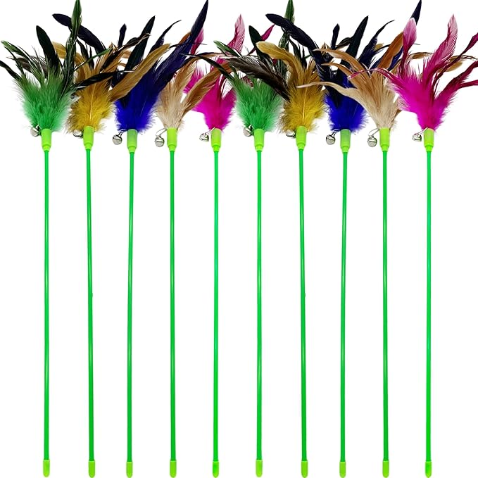 Cat Wand Toy Cat Feather Toys, 10 Pieces Feather Stick Cat Toys, Interactive Feathers Wand Cat Toy for Indoor Cats Play