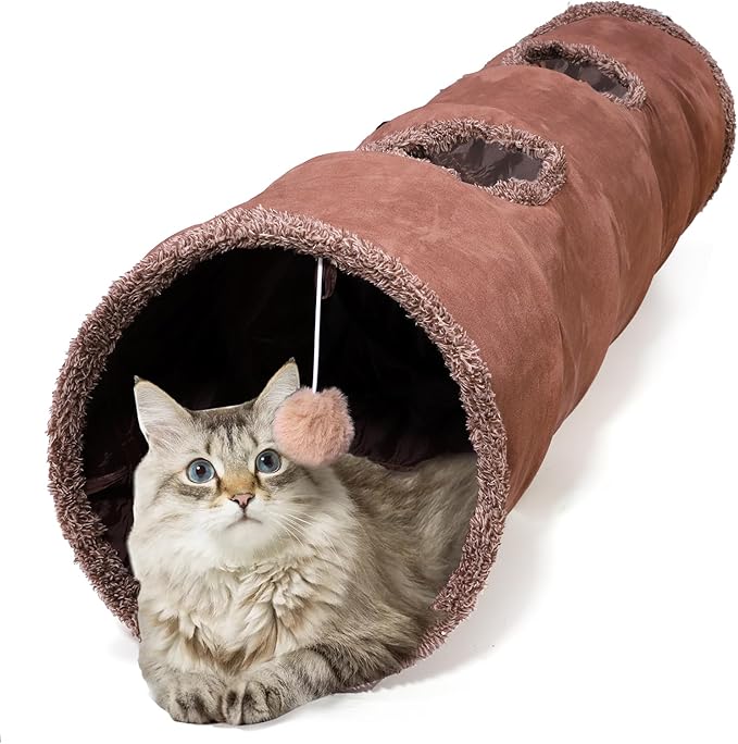 ZENFUN 51"x 12" Collasiple Cat Play Tunnel, Cat Tubes and Tunnels, Cat Foldable Hide and Seek Tunnel Toy, Brown Suede Pet Tube Toy for Rabbits, Ferrets, Puppy, Diameter 12 Inch