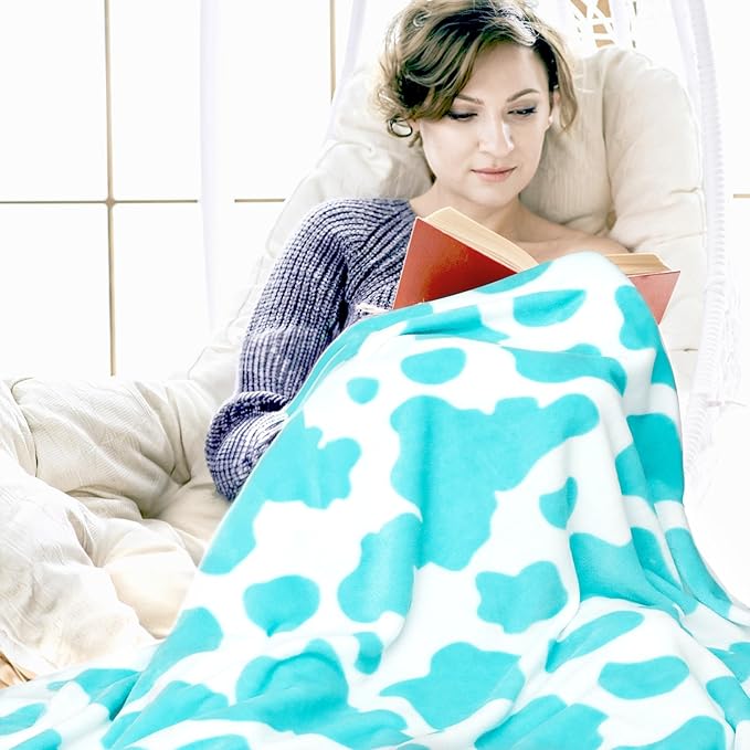 Soft Fleece Blanket Throw Cow Print Blanket Big Warm and Cozy Blanket Blue 60x80