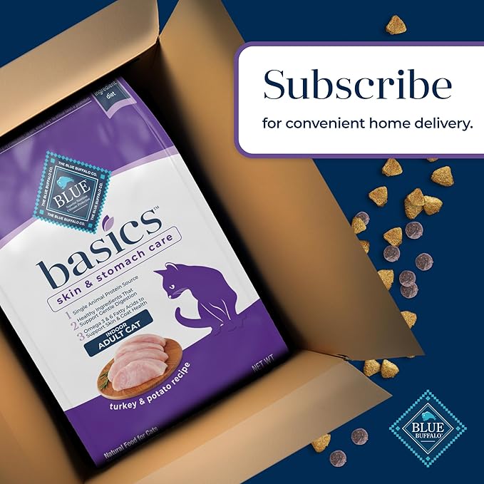 Blue Buffalo Basics Grain-Free Dry Cat Food, Skin & Stomach Care, Limited Ingredient Diet for Indoor Cats, Turkey & Potato Recipe, 5-lb. Bag