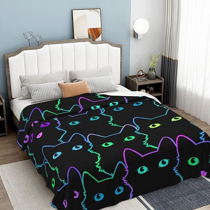 Cute Cat Silhouettes Neon Blanket, Soft Blankets Flannel Bed Throw Cozy Lightweight Plush Gifts for Boys Girls Women Men Sofa Couch Bedroom Living Rooms Warm All Season, Home Decor, 80"x60"
