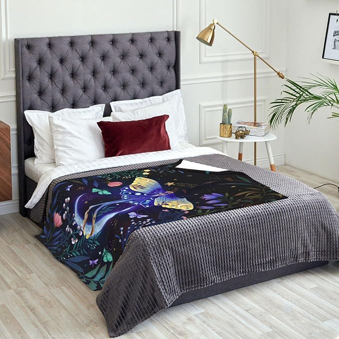 Moon Moth Throw Blanket Soft Cozy Lightweight Blanket for Couch, Bed, Sofa - Moth Pattern Decorative Plush Flannel Blanket for Women, Men, Teens 60"x50"