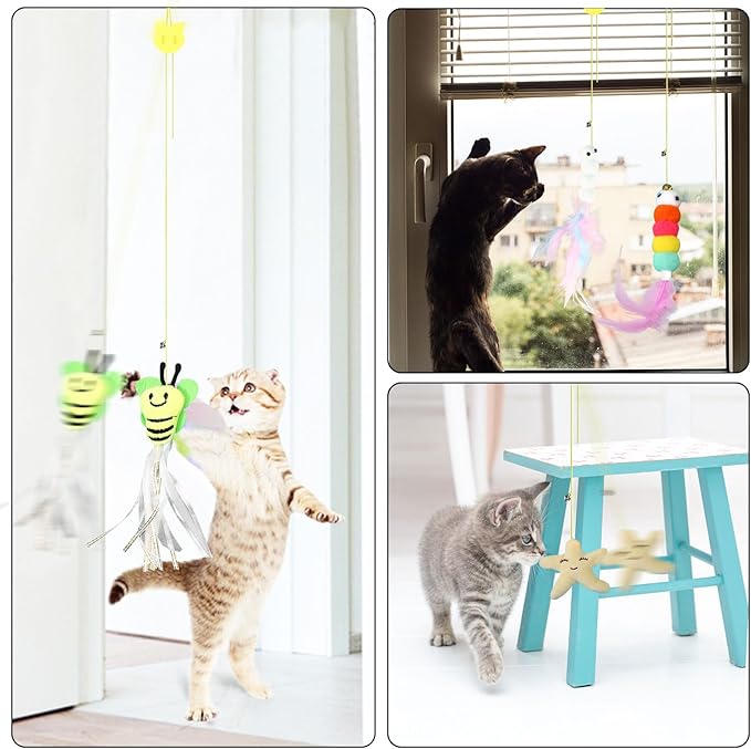 2025 New 6 Pcs Interactive Feather Cat Toys, Cat Teaser Retractable Indoor Cat Toy Self Play Hanging Cat Toy,Cat Toy Indoor Kitten Play Chase Fun Exercise, Mental Physical Stimulation