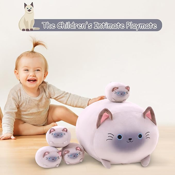 Siamese Cat Plush with 4 Baby Siamese Cat Stuffed Animals in Her Tummy, Cuddly Cartoon Body Pillow Gifts for Girls Boys